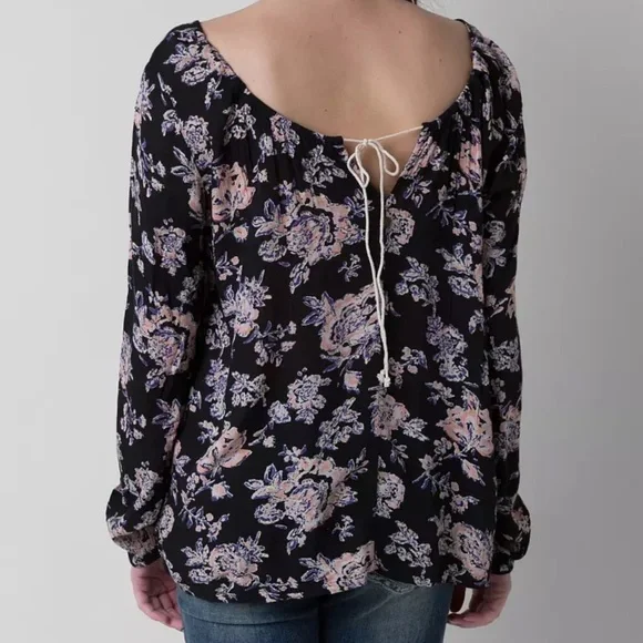 LAST CALL Billabong Distant Road Black Pink V Neck Floral Long Sleeve Top Size L - Picture 2 of 8